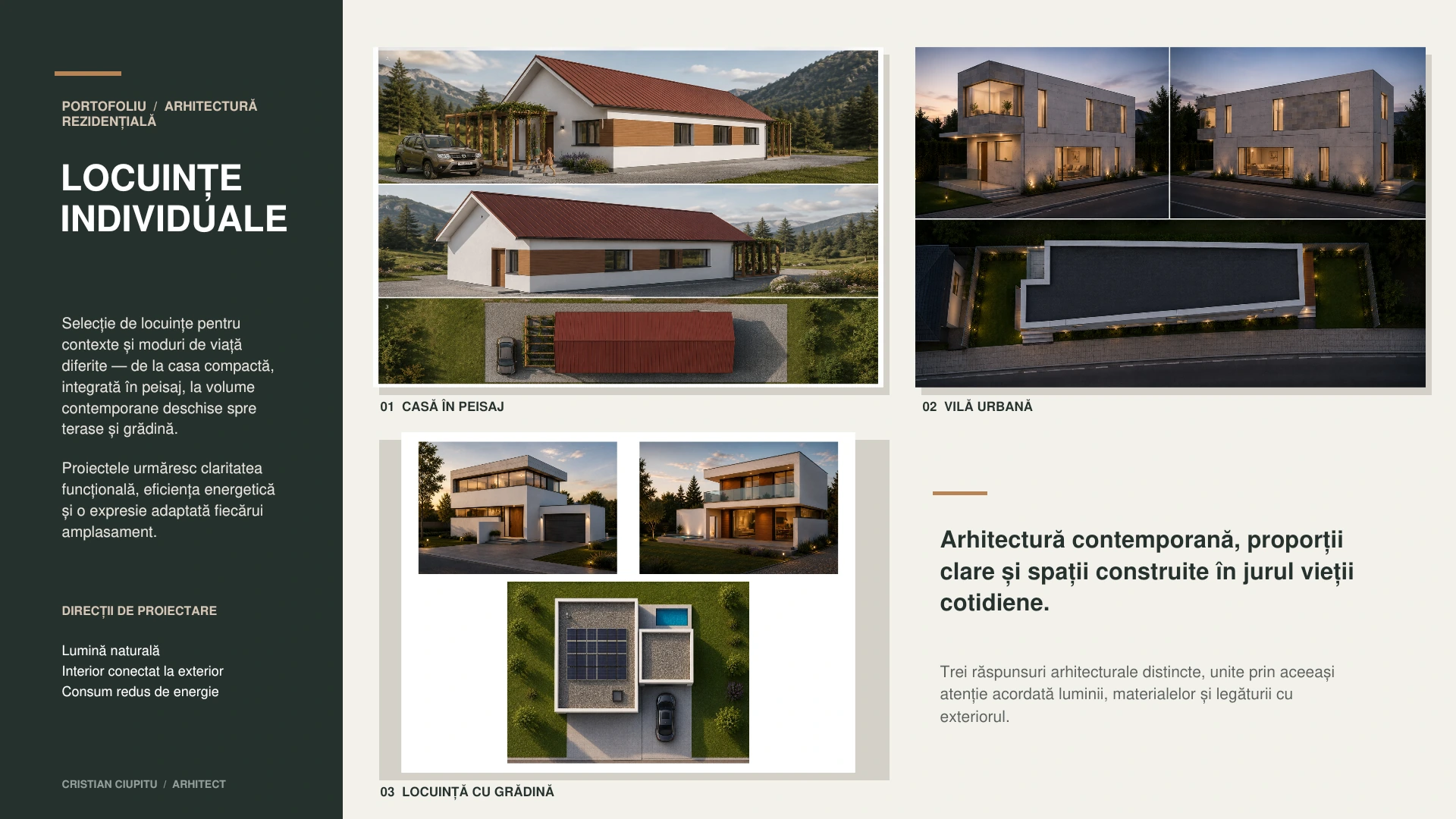 Panou de portofoliu cu trei proiecte de locuințe individuale